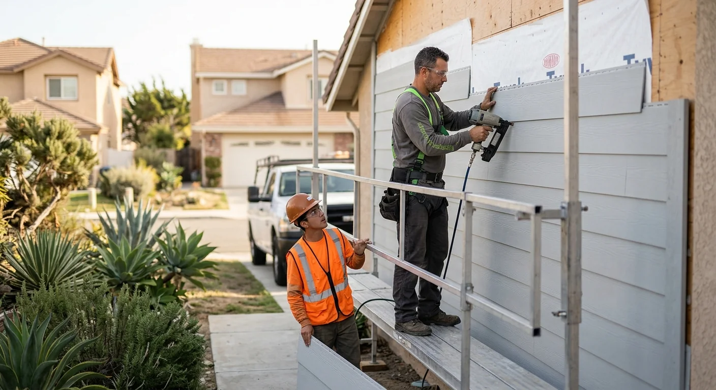 Contractor measuring exterior siding panels on a Los Angeles home during a cost assessment