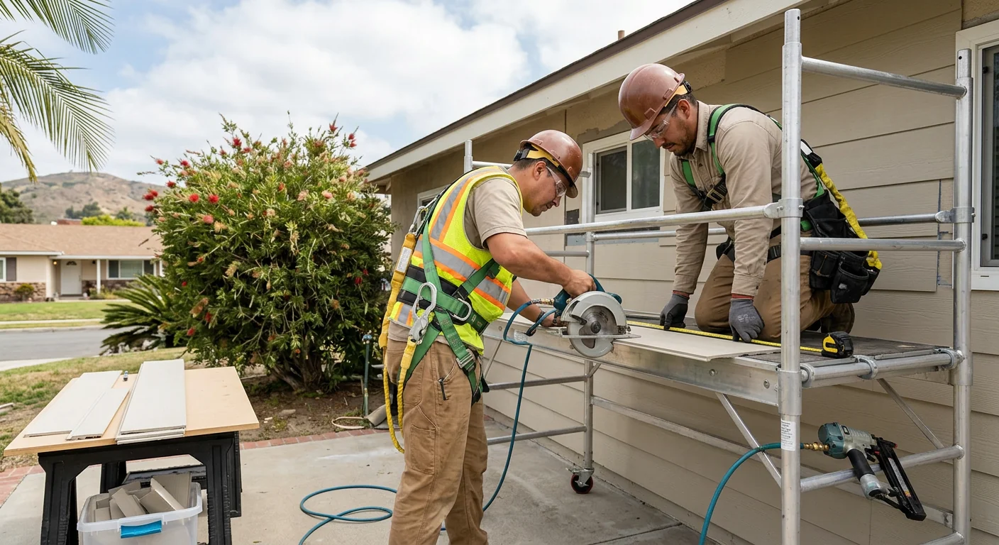 Siding crew reviewing exterior siding plans with a homeowner in Los Angeles