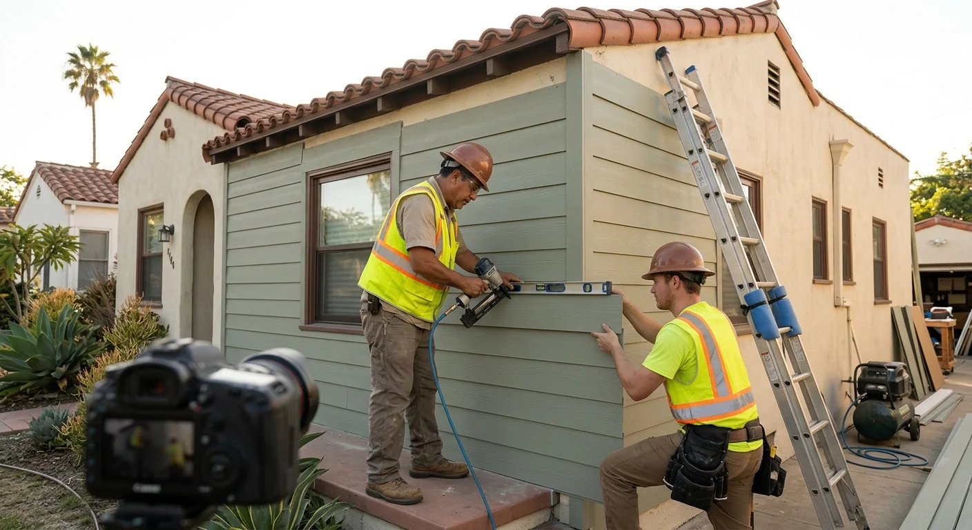Siding crew installing weather-resistant exterior cladding on a Los Angeles home