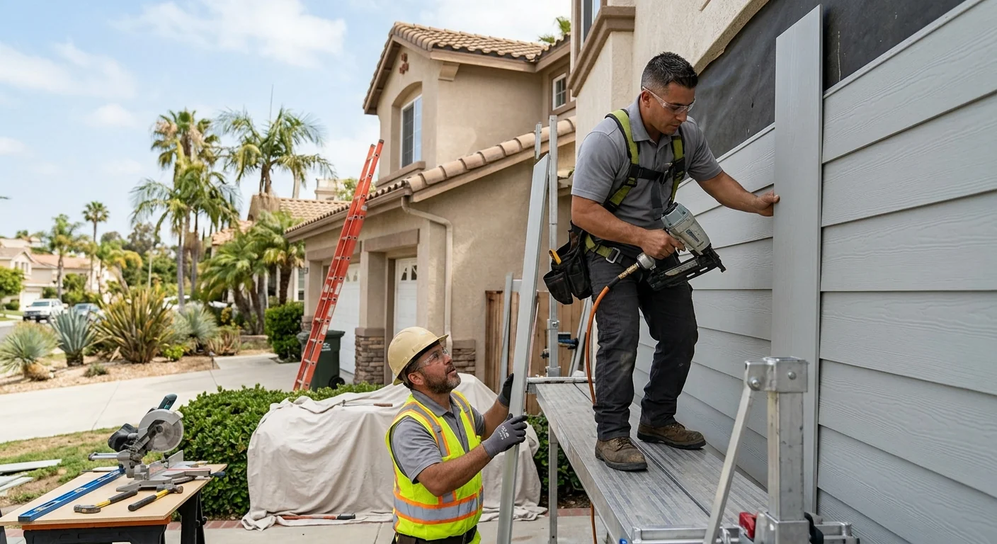Trained crew carefully installing exterior siding on a Los Angeles residential home