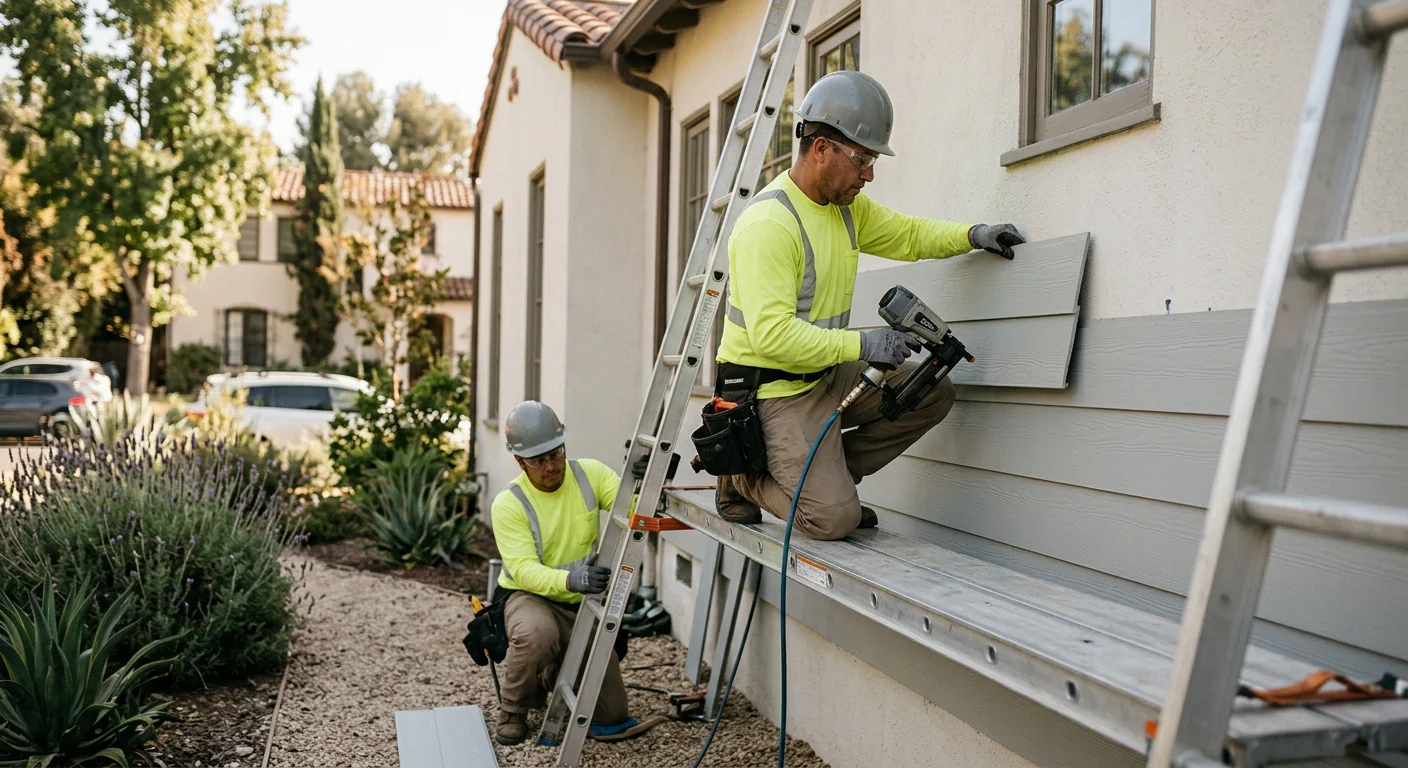 Contractor measuring exterior wall while preparing a Los Angeles house siding estimate