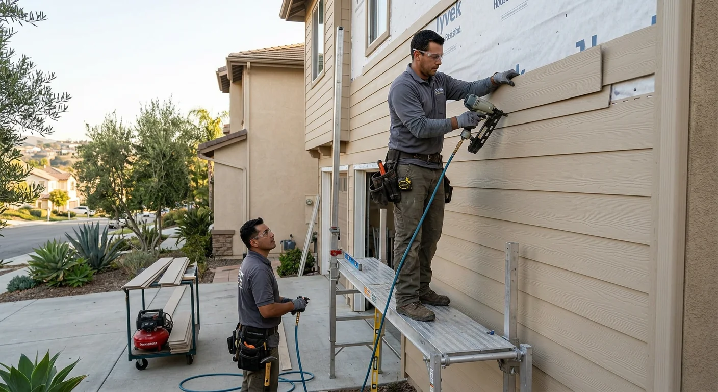 Crew installing fiber cement house siding on a Los Angeles residential exterior