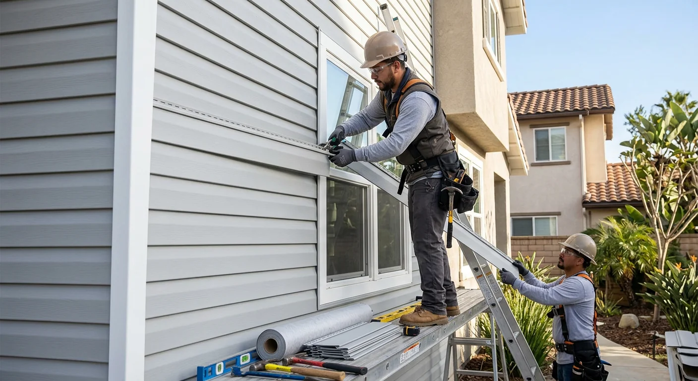Trained crew safely installing fiber cement siding on a Los Angeles home exterior