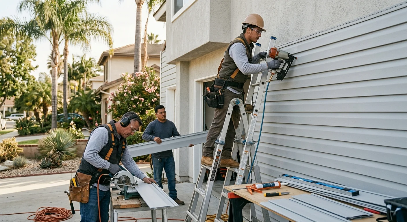 Contractor measuring exterior wall for residential siding pricing on a Los Angeles home