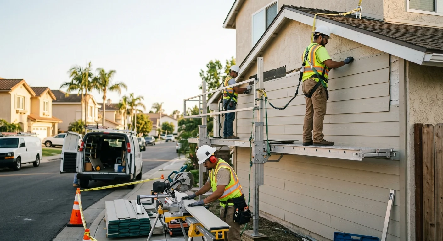 Siding crew reviewing a home exterior estimate with a Los Angeles homeowner