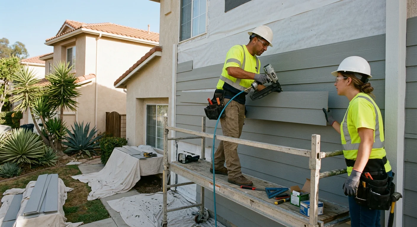 Contractor installing fiber cement siding panels on a Los Angeles home exterior