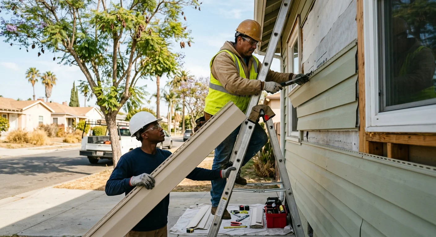 Siding crew installing fiber cement panels safely on a Los Angeles residential home