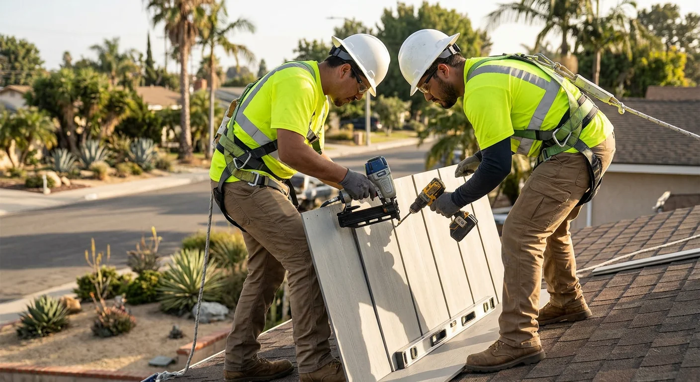 Siding crew reviewing a project schedule outside a Los Angeles home exterior