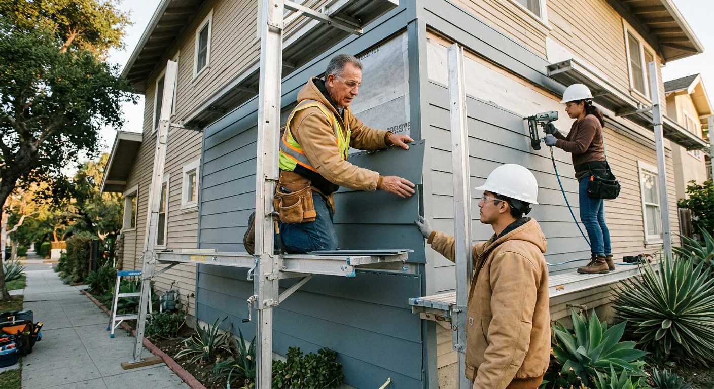 Siding crew reviewing project details with a Los Angeles homeowner outside their house