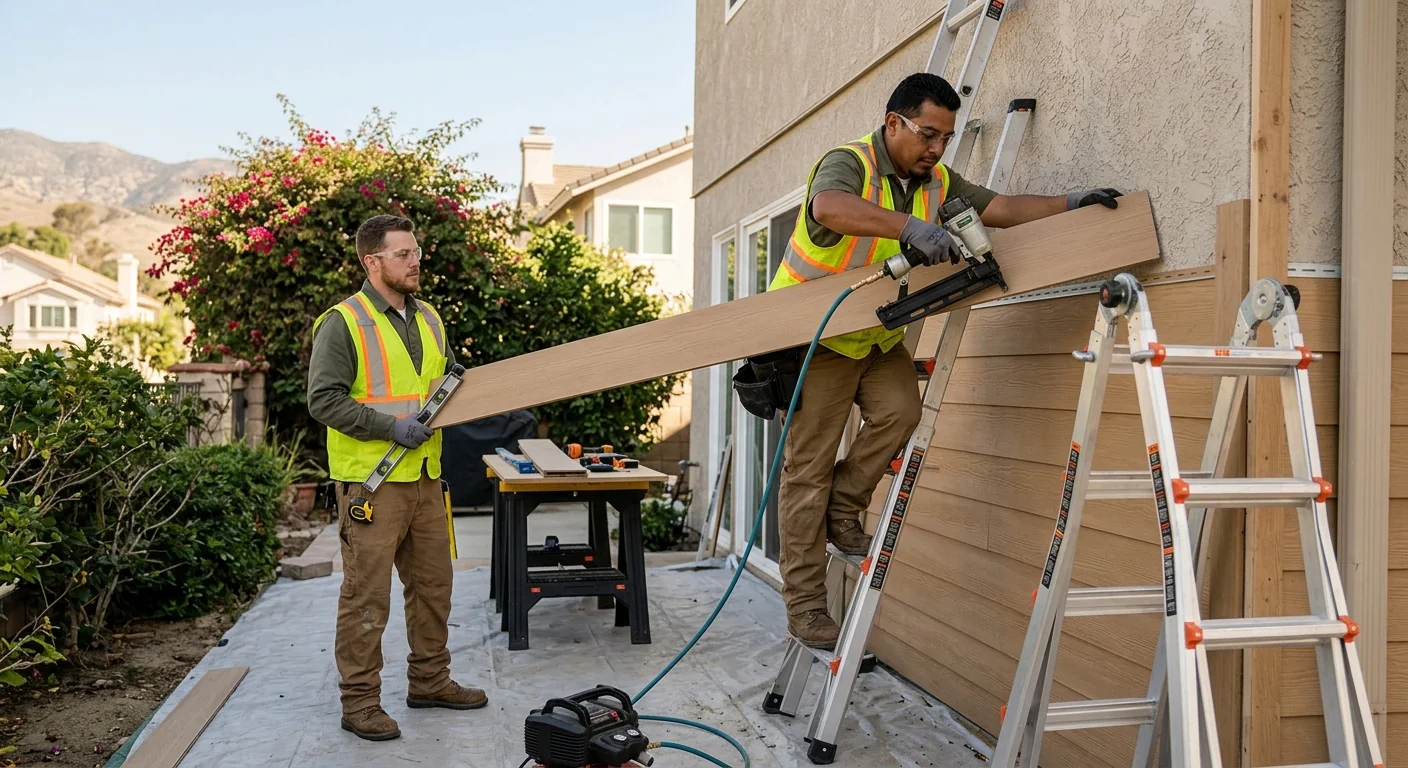 Contractor measuring exterior wall to estimate siding costs on a Los Angeles home