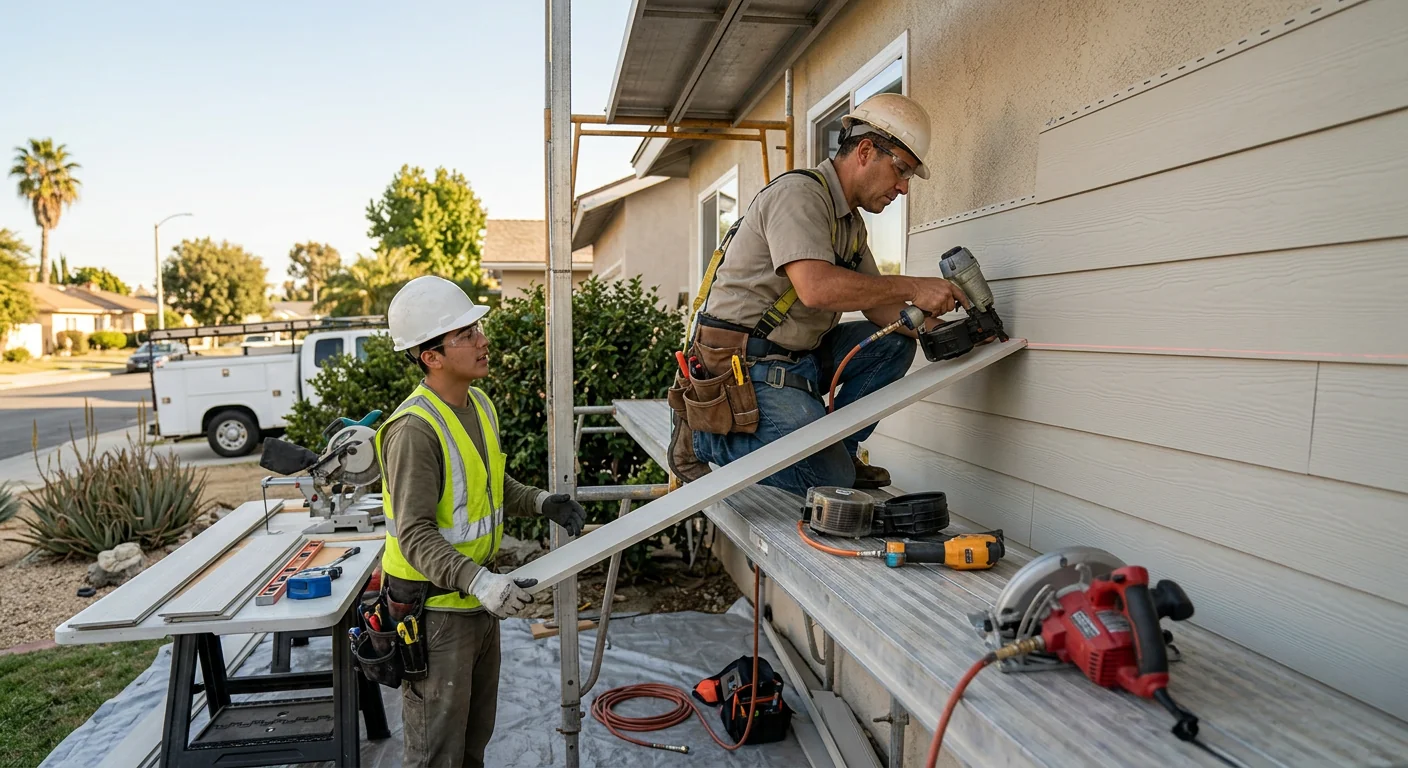 Trained technicians safely installing exterior siding on a Los Angeles family home