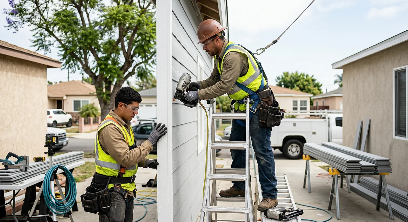 Siding contractor installing fiber cement panels on a Los Angeles home exterior