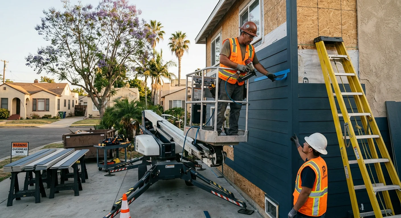 Trained crew safely installing exterior siding on a two-story Los Angeles home
