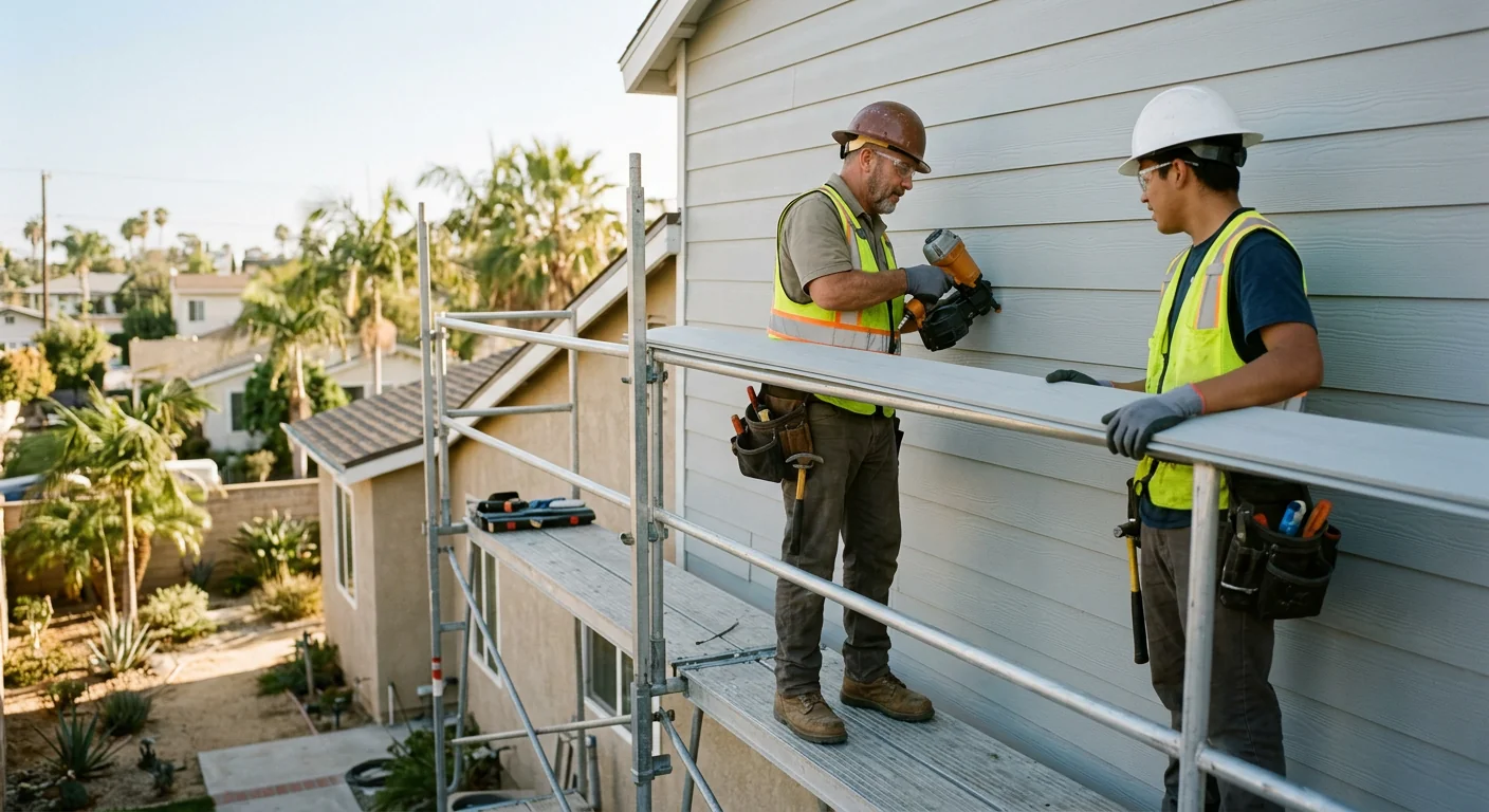 Siding technicians organizing panels and safety equipment before a Los Angeles installation