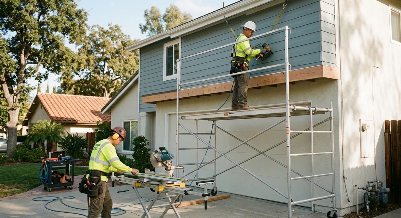Contractor measuring exterior wall for new siding installation on a Los Angeles home