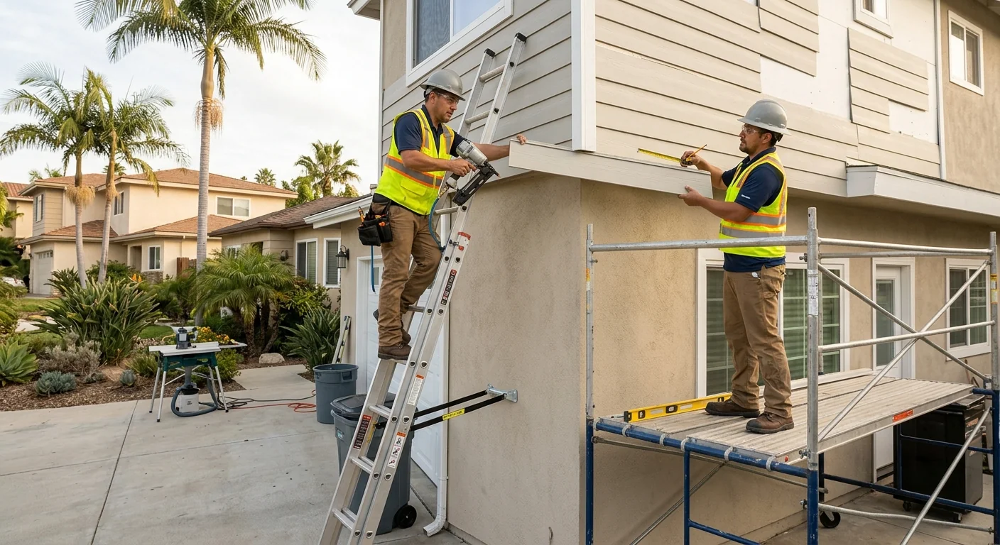 Siding installer measuring exterior wall on a Los Angeles home