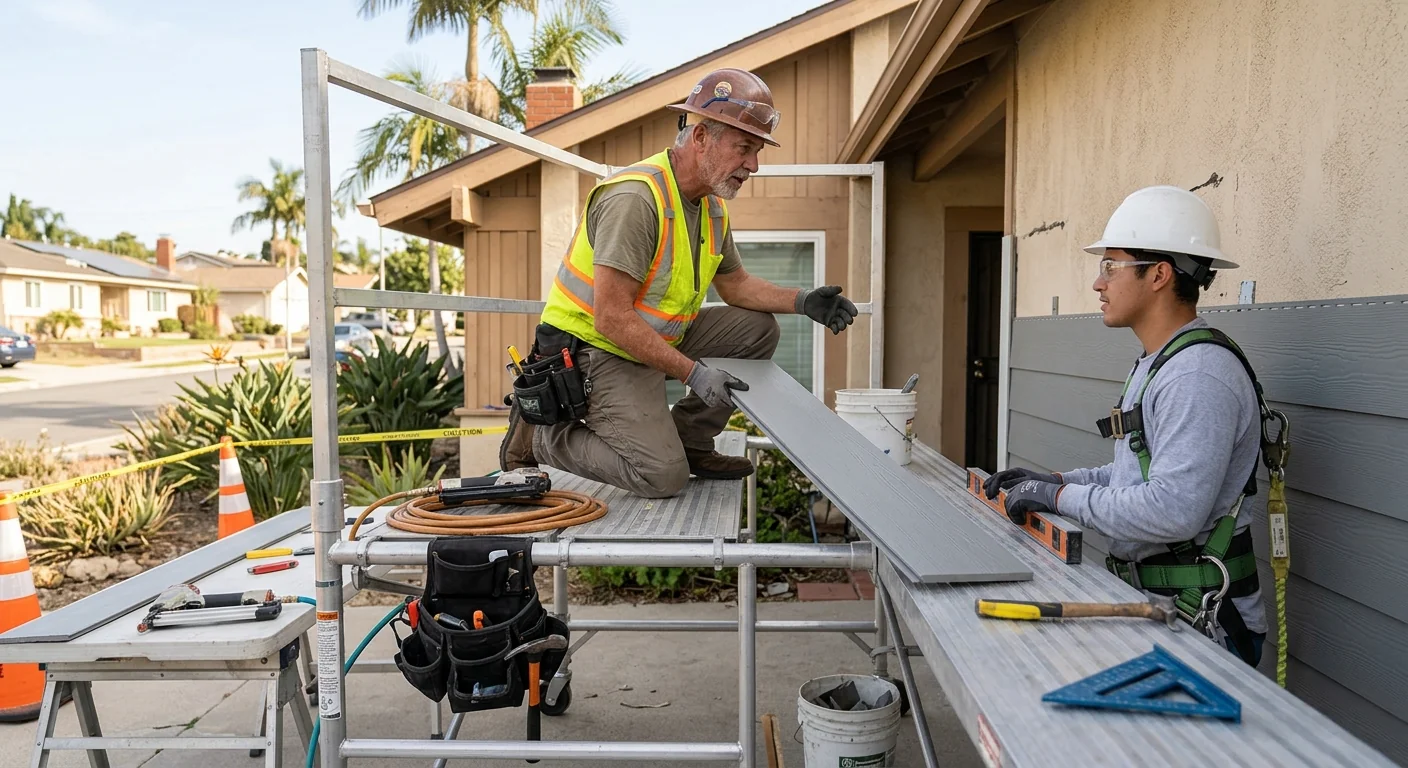 Siding crew installing new exterior panels on a Los Angeles home during dry weather