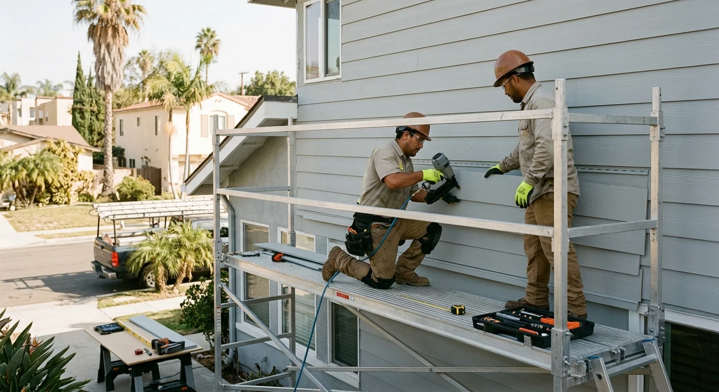 Cracked and water-damaged old siding on a Los Angeles home wall showing exposed sheathing