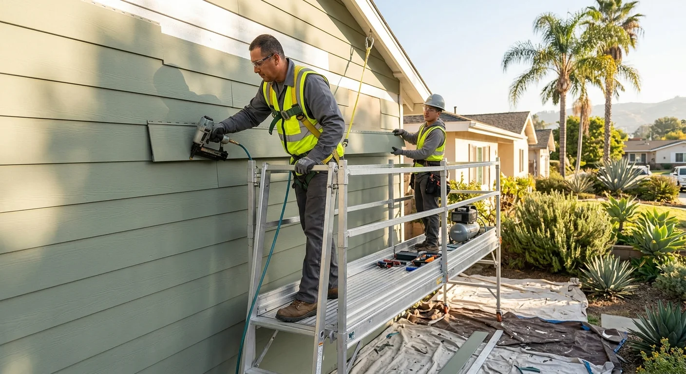 Siding crew safely installing exterior panels on a residential Los Angeles home