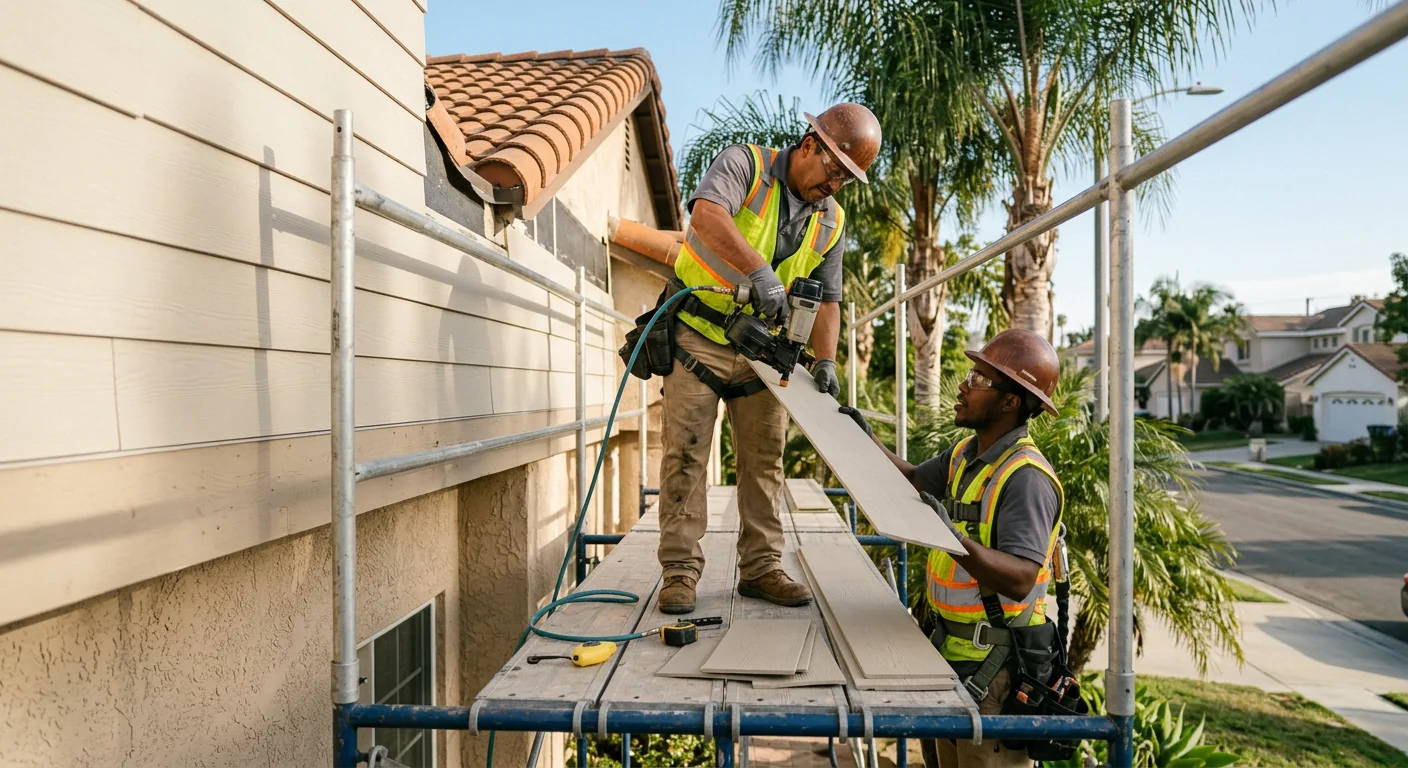 Contractor inspecting damaged exterior siding on a Los Angeles home before repair pricing