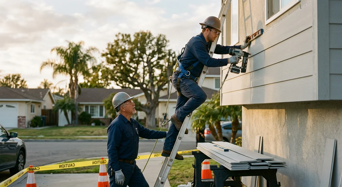Siding repair technician inspecting damaged exterior wall on a Los Angeles home