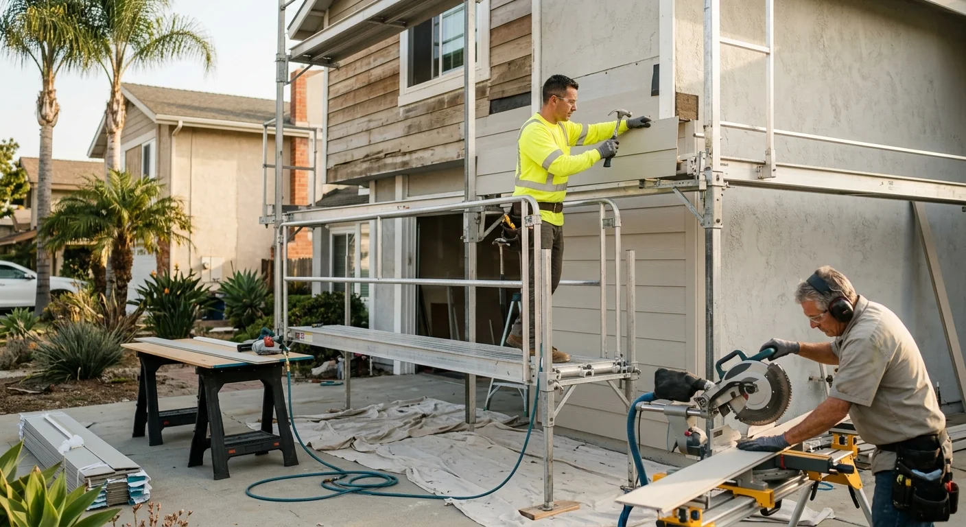 Technician carefully repairing damaged wood siding panel on a Los Angeles home exterior