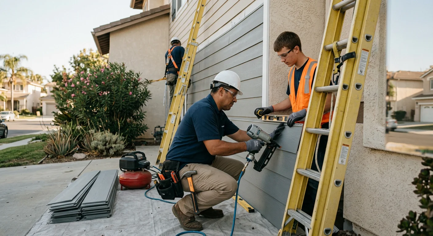 Cracked and warped siding showing moisture damage on a Los Angeles house wall