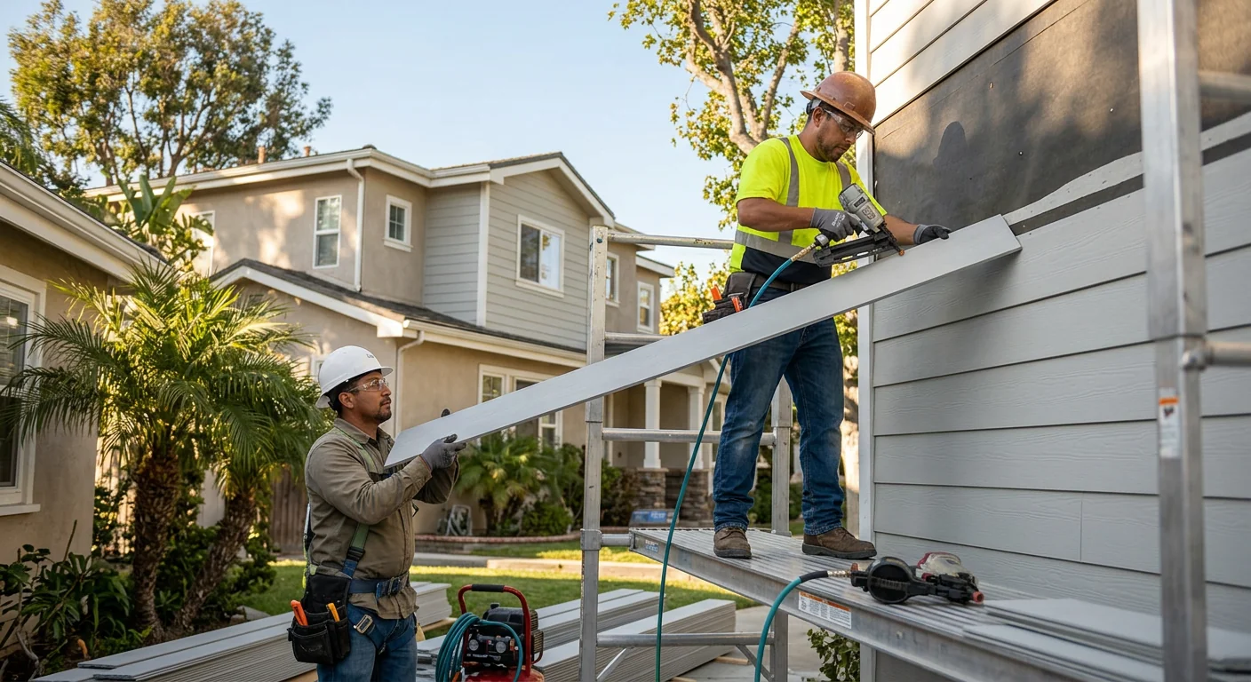 Trained crew safely repairing exterior siding on a Los Angeles residential home
