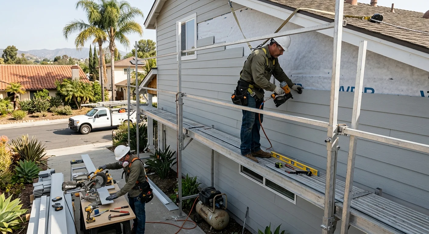 Contractor measuring exterior wall to estimate siding replacement cost for a Los Angeles home
