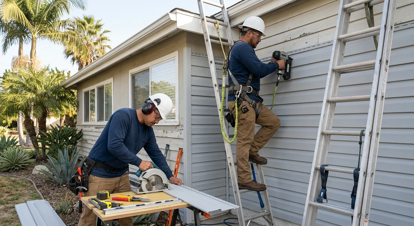 Weathered siding with cracked panels and water stains on a Los Angeles house